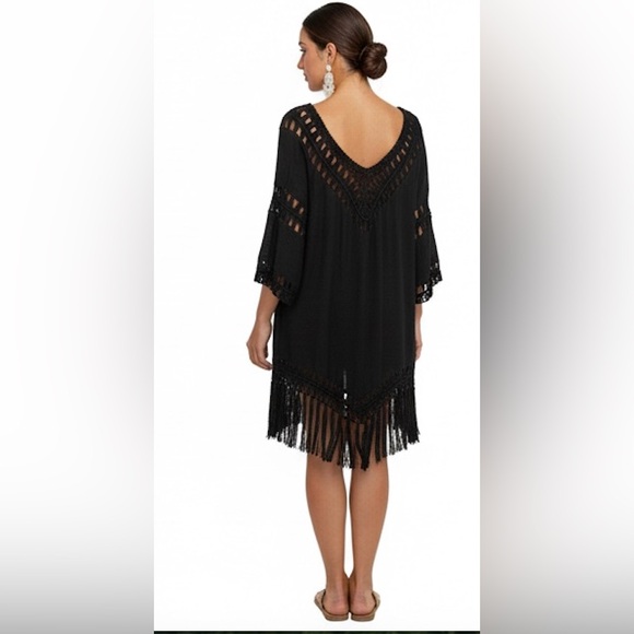 Boho Crochet Fringe Hem Cover Up Dress Black - Picture 3 of 8
